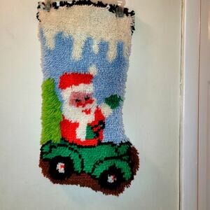 Vintage Latch Hook Handmade Santa Driving A Car Christmas Stocking Ho;iday
